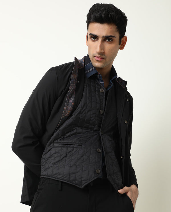 Rare Rabbit Men's Berry Black Plain High Neck Mandarin Collar Jacket