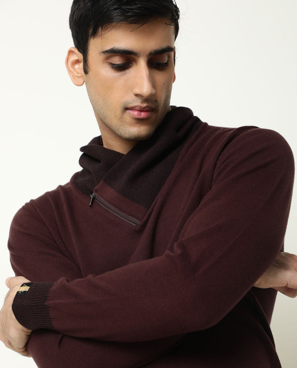 Rare Rabbit Men'S Denver Maroon Pullover Cotton Fabric Cowl Neck Full Sleeves Zipper Closure Slim Fit