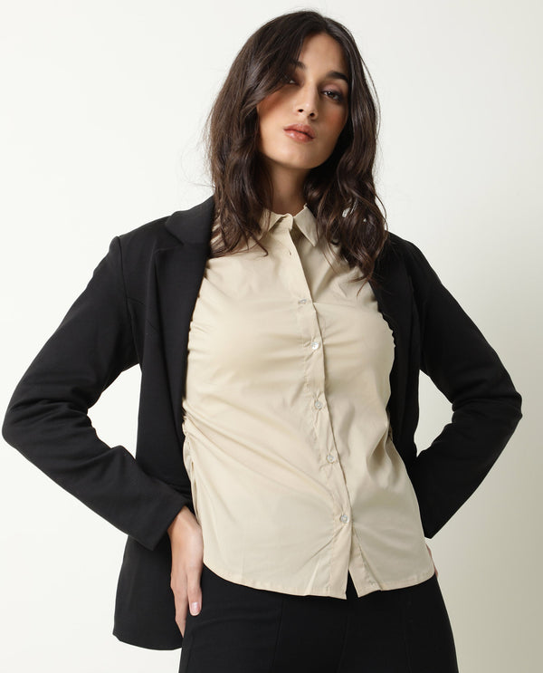 Rareism Womens Mudd Beige Top Cotton Lycra Fabric Regular Fit 3/4 Sleeve Collared Neck