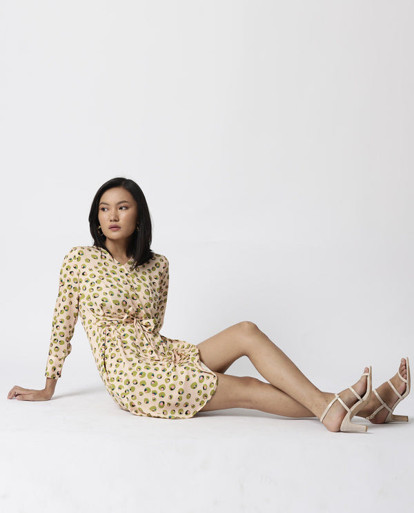Rareism Women Perk Peach Printed V Wrap Neck Full Sleeves With Cuff And Fabric Waist Belt Mini Dress