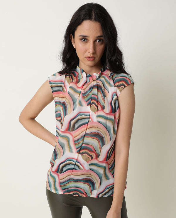Rareism Women Colette Multi Polyester Fabric Regular Fit High Neck Sleeveless Abstract Print Top