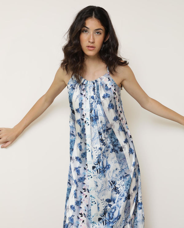 Rareism Women's Macy Light Blue Polyester Fabric Shoulder Straps Slip-On Closure Sleeveless Floral Print  Maxi Dress