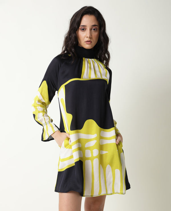 Rareism Women Jolene Black Abstract Print Smocked Neck Full Sleeves With Pockets Mini Dress
