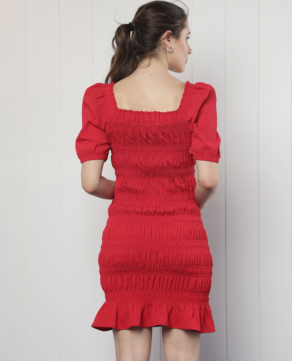 Rareism Women's Ammo Red Viscose Fabric Square Neck Slip-On Closure Puff Sleeve Plain  Knee Length Dress