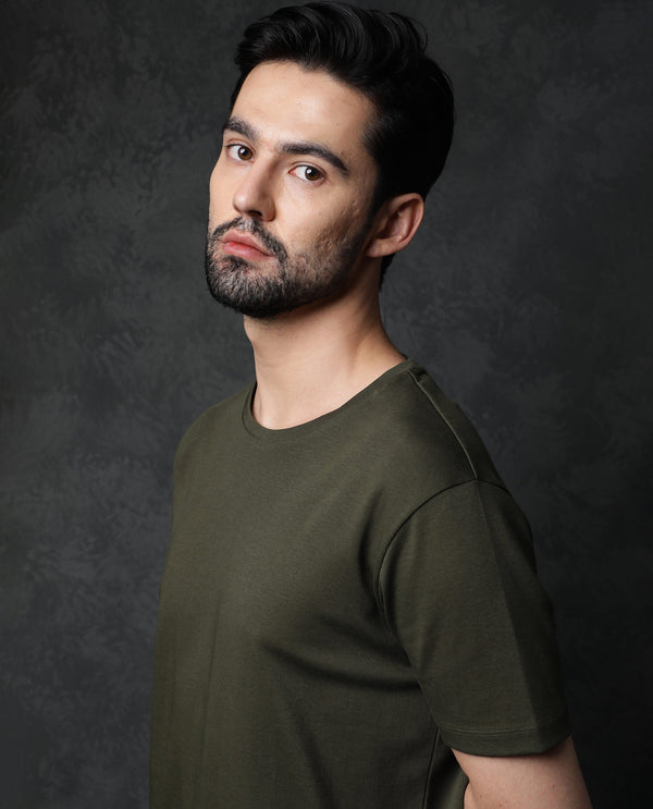 Rare Rabbit Men's Gis Olive Cotton Fabric Crew Neck Half Sleeves Regular Fit Solid T-Shirt