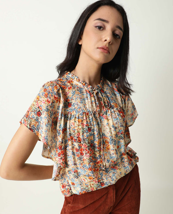Rareism Women Nigel Off White Cotton Silk Fabric Relaxed Fit Tie-Up Neck Half Sleeves Floral Print Top