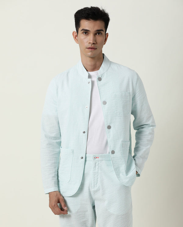 Rare Rabbit Men's Gin Blue Mandarin Collar Checkered Jacket
