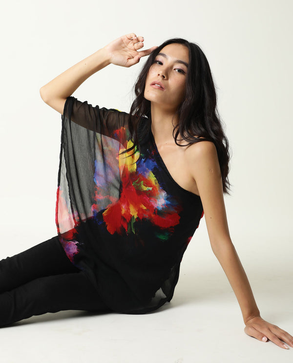 Rareism Womens Propose Black Top Viscose Fabric Regular Fit One Shoulder One Shoulder Neck