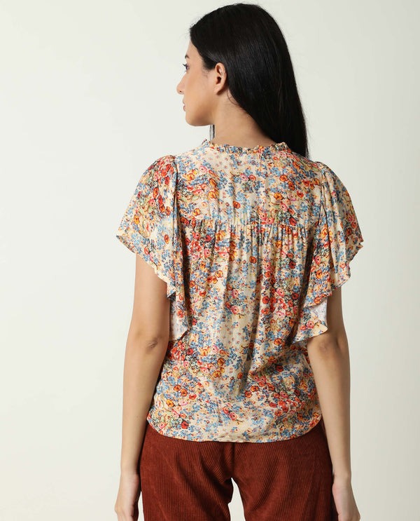 Rareism Women Nigel Off White Cotton Silk Fabric Relaxed Fit Tie-Up Neck Half Sleeves Floral Print Top