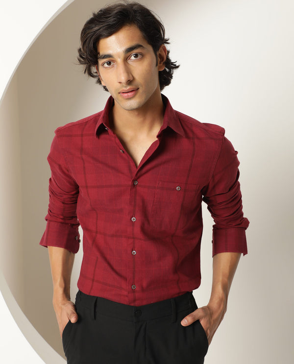 Rare Rabbit Men's Gareth Maroon Cotton Fabric Full Sleeves Checks Shirt