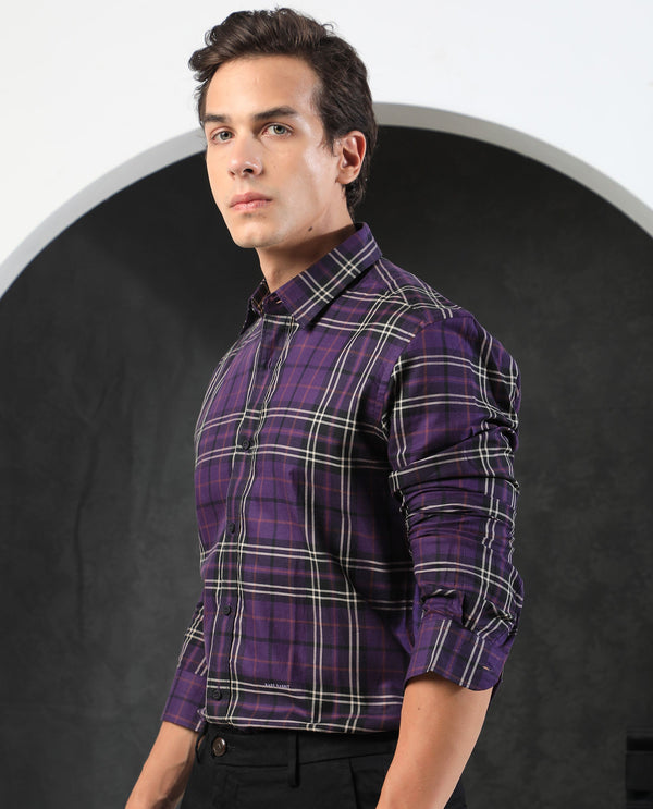 Rare Rabbit Men's Brutons Purple Cotton Fabric Full Sleeves Twill Checks Shirt