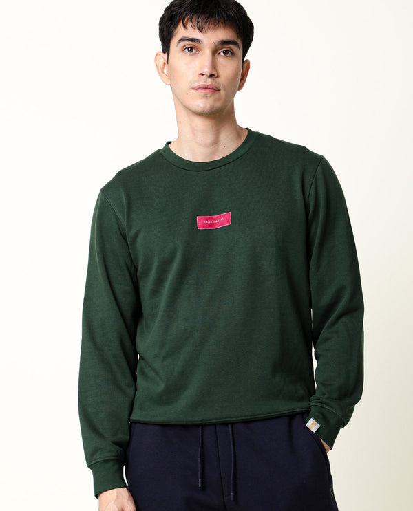 Rare Rabbit Men's Velveto Green Cotton Polyester Fabric Full Sleeves Velvet Branding Knit Sweatshirt