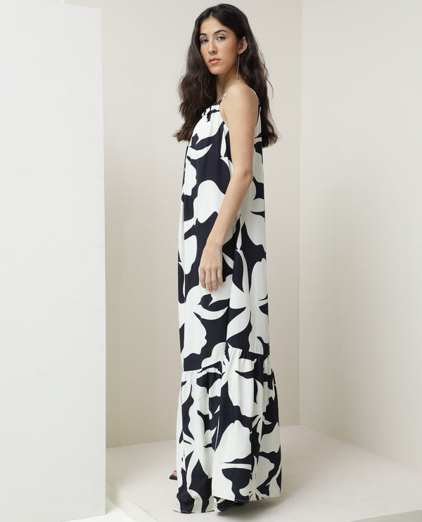 Rareism Women Zahara Black Viscose Fabric Sleeveless Shoulder Straps Regular Fit Floral Print Knee Length Tiered Dress