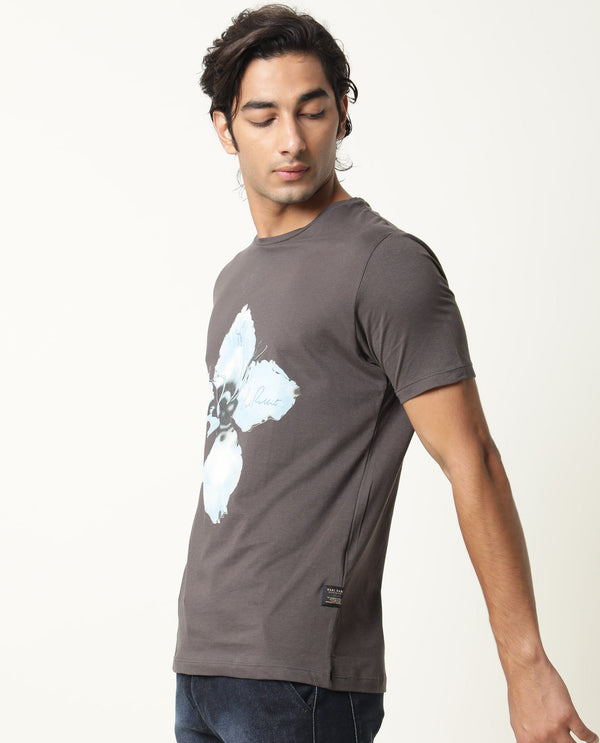 Rare Rabbit Men's Floas Dark Grey Crew Neck Half Sleeves Floral Graphic Print Slim Fit T-Shirt