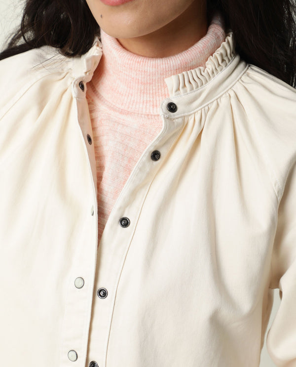 Rareism Women Bellona Off White Cotton Fabric Full Sleeves Solid Ruffled Neck Jacket