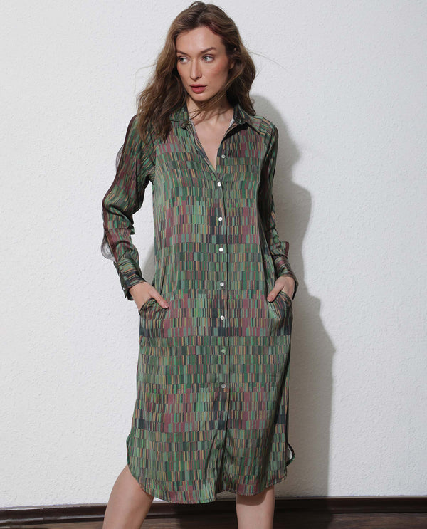 Rareism Women Reign Dark Olive Cotton Fabric Full Sleeves Shirt Collar Geometric Print Maxi Dress