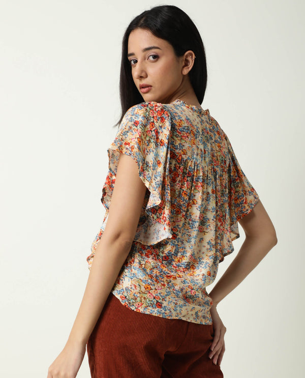 Rareism Women Nigel Off White Cotton Silk Fabric Relaxed Fit Tie-Up Neck Half Sleeves Floral Print Top