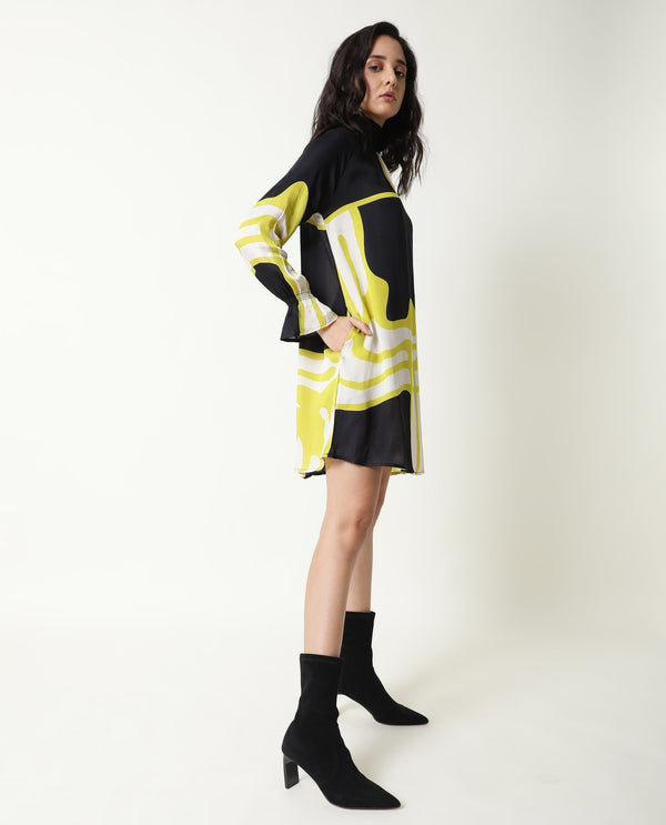 Rareism Women Jolene Black Abstract Print Smocked Neck Full Sleeves With Pockets Mini Dress