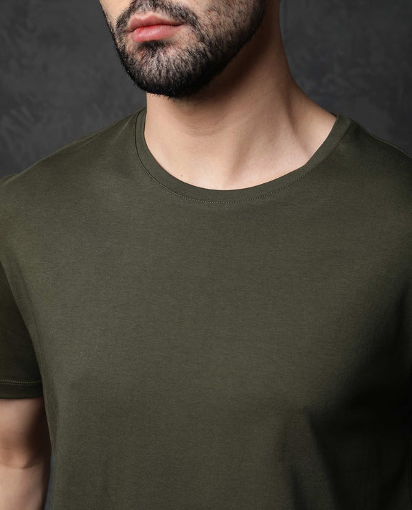 Rare Rabbit Men's Gis Olive Cotton Fabric Crew Neck Half Sleeves Regular Fit Solid T-Shirt