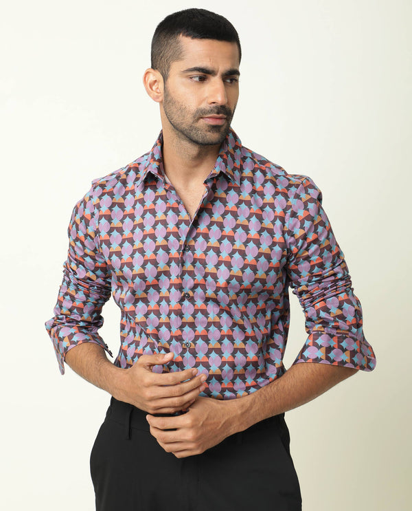 Rare Rabbit Men's Coret Multi Cotton Fabric Geometric Print Full Sleeves Shirt