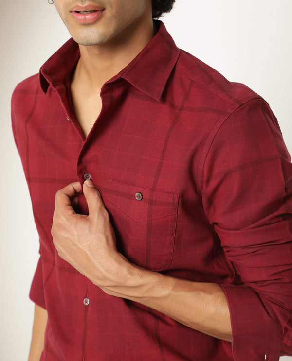 Rare Rabbit Men's Gareth Maroon Cotton Fabric Full Sleeves Checks Shirt