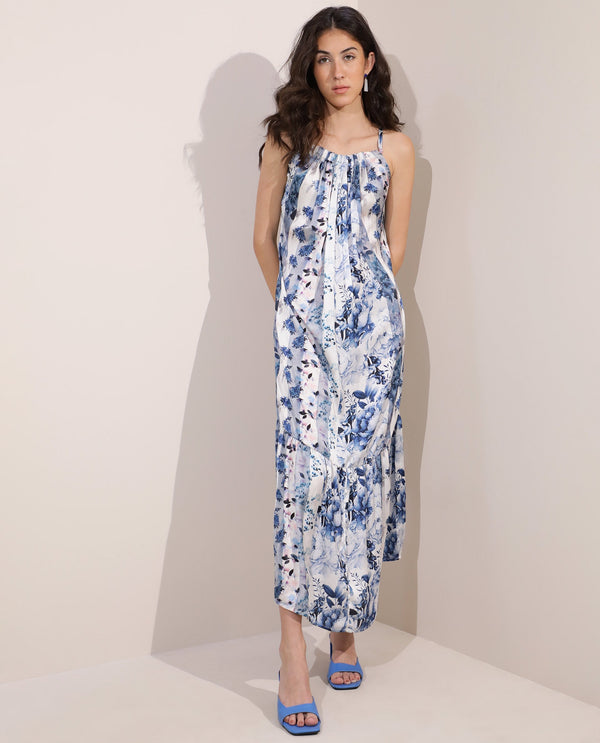 Rareism Women's Macy Light Blue Polyester Fabric Shoulder Straps Slip-On Closure Sleeveless Floral Print  Maxi Dress