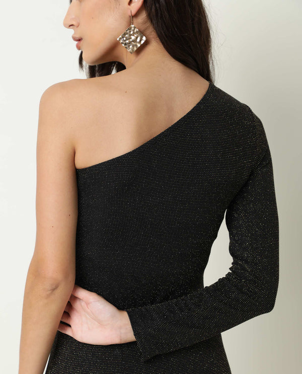 Rareism Women Lelani Black One Shoulder Full Sleeve Asymmetric Knee Length Dress