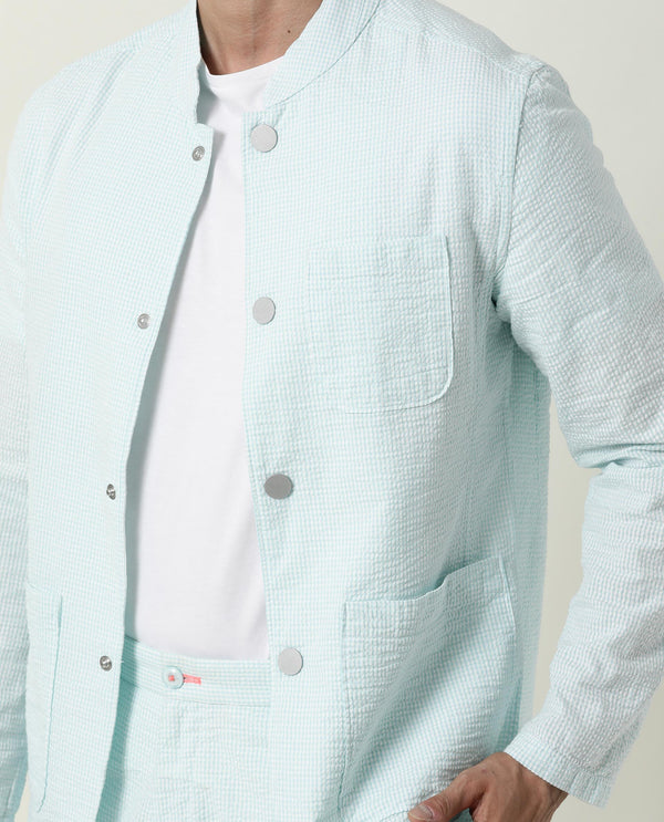 Rare Rabbit Men's Gin Blue Mandarin Collar Checkered Jacket