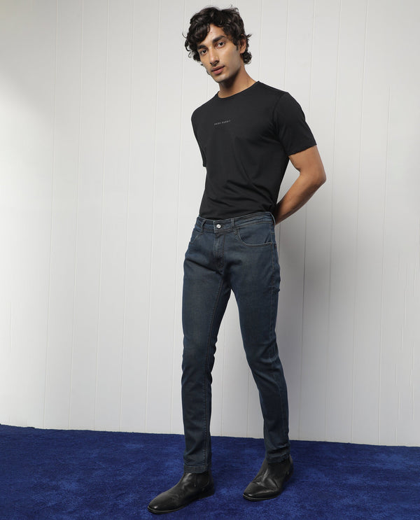Rare Rabbit Men's Wells Navy Dark Wash Mid-Rise Slim Fit Jeans