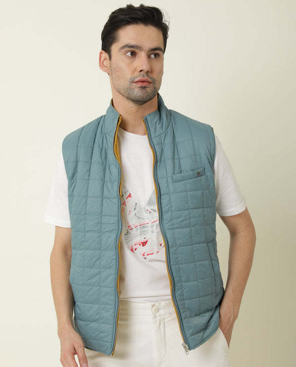 Rare Rabbit Men's Fillex Blue Solid Reversible Quilted Half-Sleeve Puffer Jacket