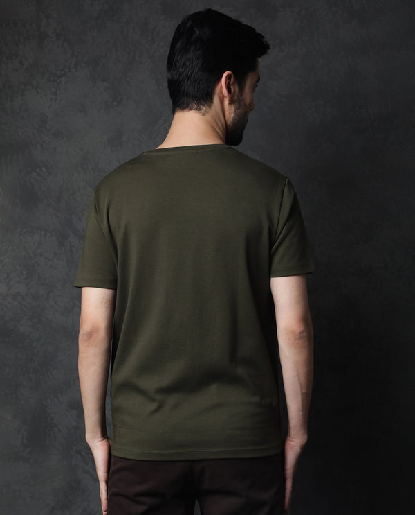 Rare Rabbit Men's Gis Olive Cotton Fabric Crew Neck Half Sleeves Regular Fit Solid T-Shirt