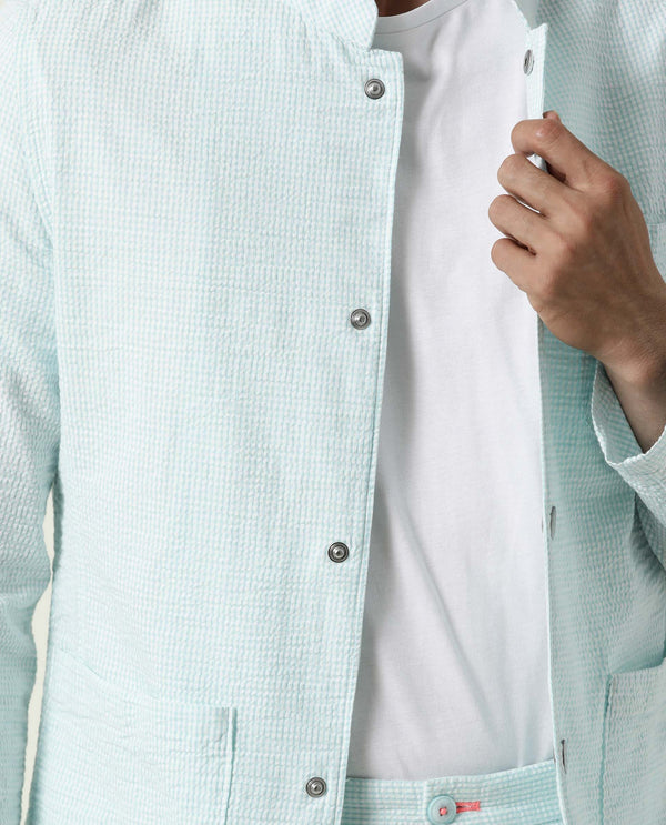 Rare Rabbit Men's Gin Blue Mandarin Collar Checkered Jacket