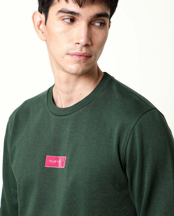 Rare Rabbit Men's Velveto Green Cotton Polyester Fabric Full Sleeves Velvet Branding Knit Sweatshirt