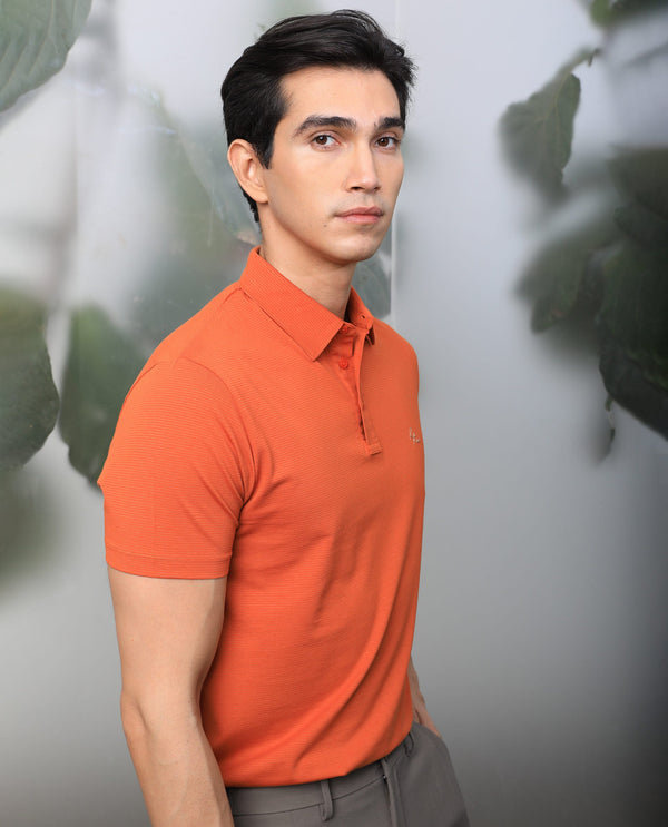 Rare Rabbit Men's Tunas Dark Rust Cotton Polyester Fabric Collared Neck Half Sleeves Striped Polo T-Shirt
