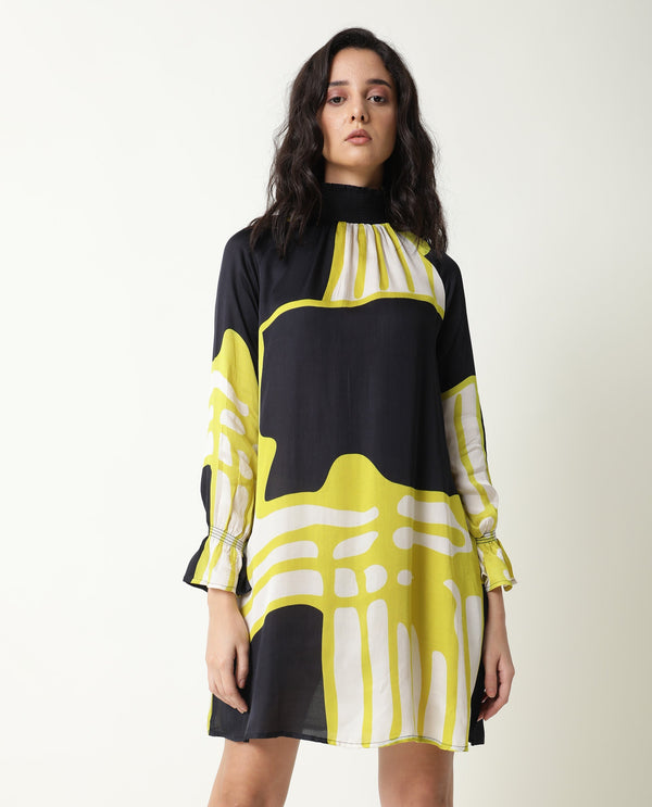Rareism Women Jolene Black Abstract Print Smocked Neck Full Sleeves With Pockets Mini Dress