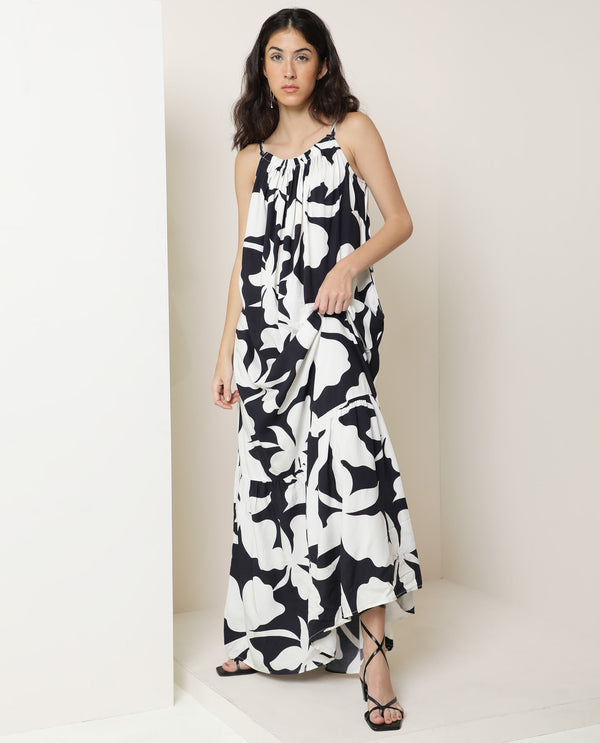Rareism Women Zahara Black Viscose Fabric Sleeveless Shoulder Straps Regular Fit Floral Print Knee Length Tiered Dress