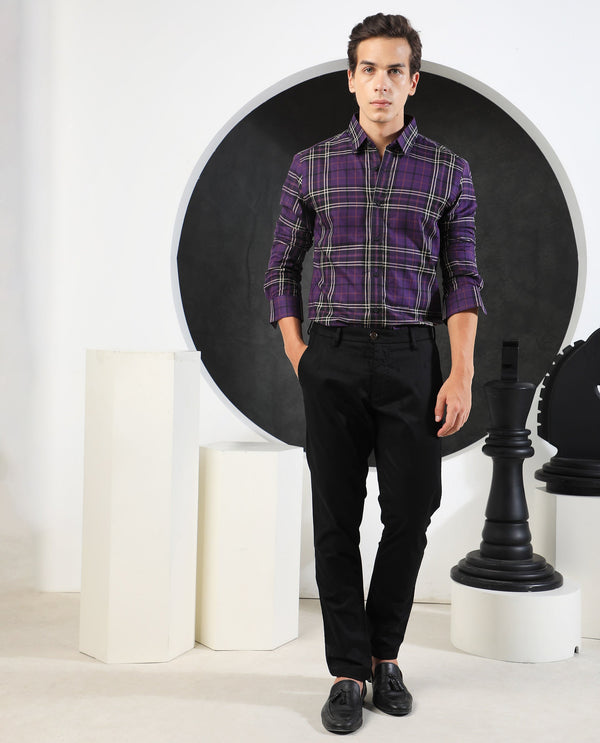 Rare Rabbit Men's Brutons Purple Cotton Fabric Full Sleeves Twill Checks Shirt