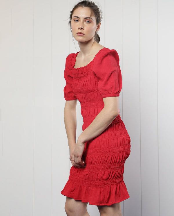 Rareism Women's Ammo Red Viscose Fabric Square Neck Slip-On Closure Puff Sleeve Plain  Knee Length Dress