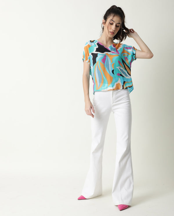 Rareism Women Maverick Multi Cotton Silk Fabric Relaxed Fit V-Neck Half Sleeves Abstract Print Top