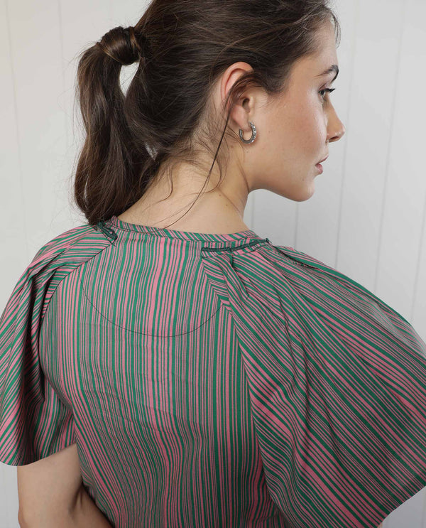 Rareism Women Berta Pink Cotton Fabric Short Sleeves Button Closure Key Hole Neck Ruffled Sleeves Flared Fit Striped Short Dress