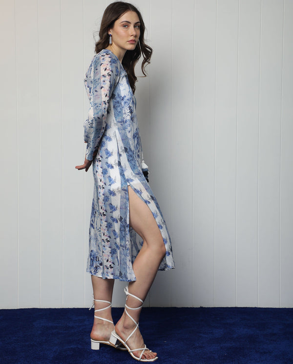 Rareism Women Shay Light Blue Modal Fabric 3/4Th Sleeves Tie-Up Closure Tie-Up Neck Relaxed Fit Floral Print Knee Length Shrug