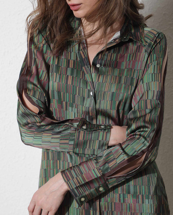 Rareism Women Reign Dark Olive Cotton Fabric Full Sleeves Shirt Collar Geometric Print Maxi Dress
