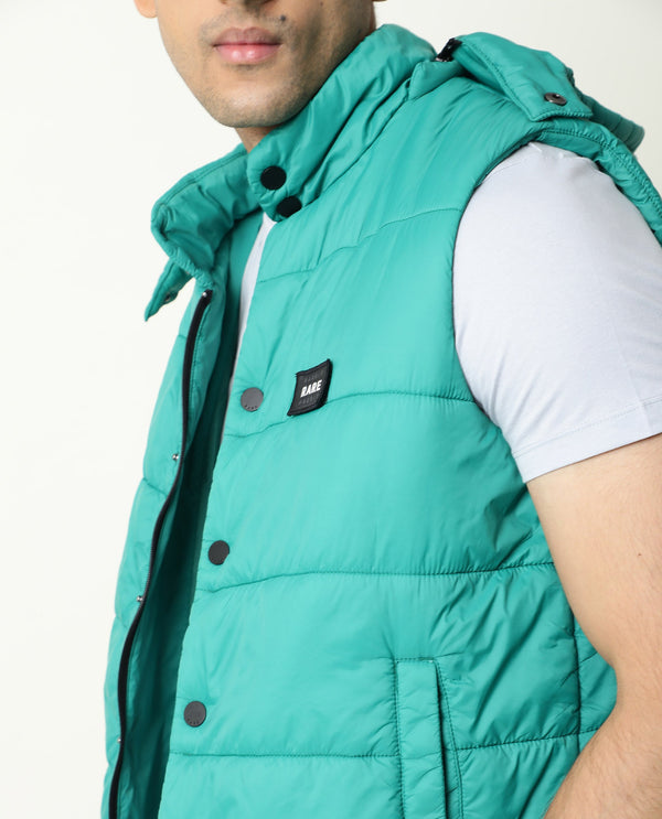 Rare Rabbit Men's Depot Green Plain Sleeveless Detachable Hood Puffer Jacket