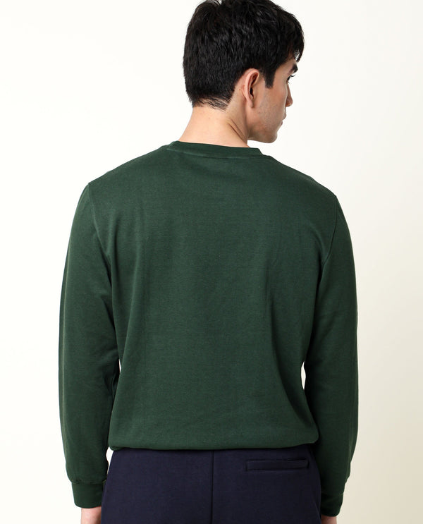 Rare Rabbit Men's Velveto Green Cotton Polyester Fabric Full Sleeves Velvet Branding Knit Sweatshirt