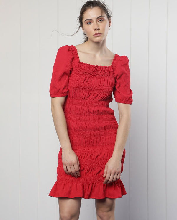 Rareism Women's Ammo Red Viscose Fabric Square Neck Slip-On Closure Puff Sleeve Plain  Knee Length Dress