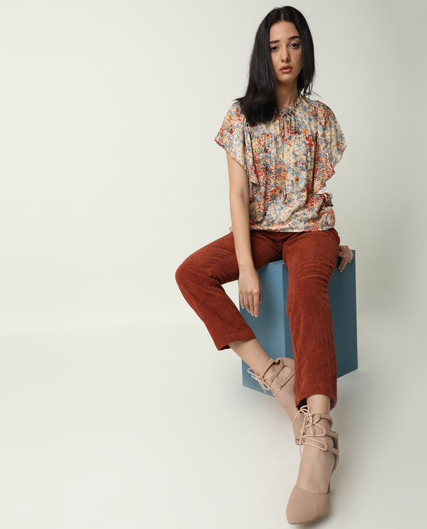 Rareism Women Nigel Off White Cotton Silk Fabric Relaxed Fit Tie-Up Neck Half Sleeves Floral Print Top