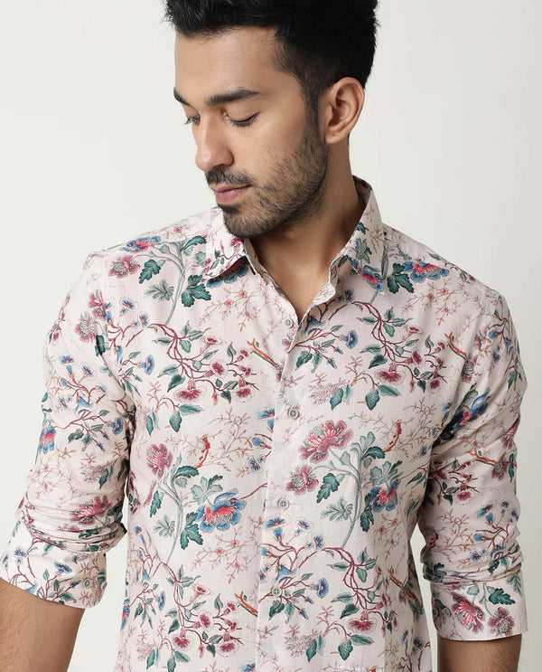 Rare Rabbit Mens Porto Beige Cotton Fabric Collared Neck Full Sleeves Regular Fit Shirt