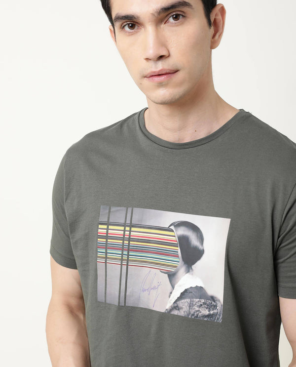Rare Rabbit Men's Rainys Olive Crew Neck Abstract Print Slim Fit T-Shirt