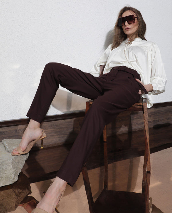 Rareism Women Rachel Dark Brown Poly Viscose Fabric Tailored Fit High Rise Solid Ankle Length Trousers