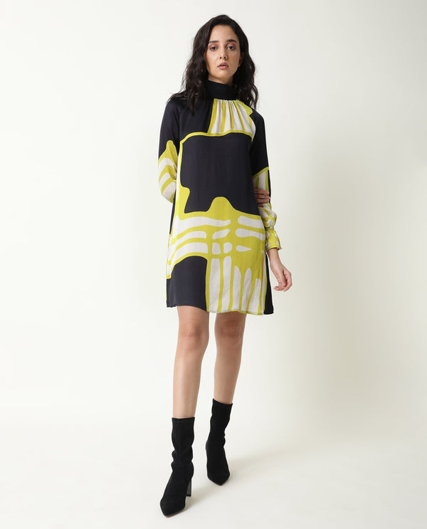 Rareism Women Jolene Black Abstract Print Smocked Neck Full Sleeves With Pockets Mini Dress